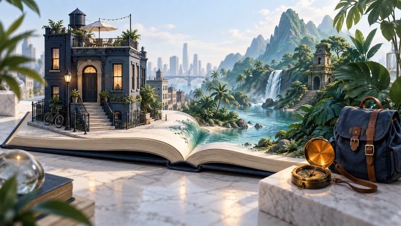 An open book joins a miniature city neighborhood to a tropical landscape, with a backpack and compass nearby.