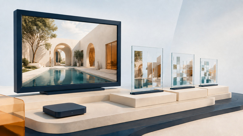 A framed courtyard scene stands beside three glass panels containing fragments of that scene and a navy media player.