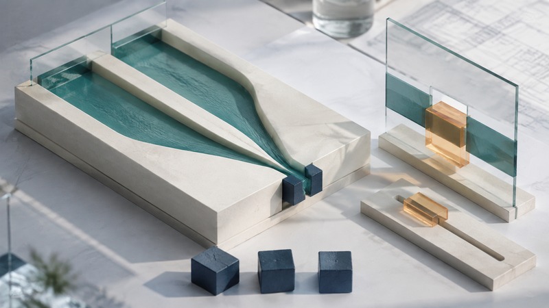 Teal channels narrowing through a navy aperture on an ivory test bench, beside a glass measurement plane and amber adjustment pieces.