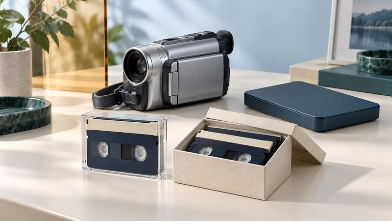 Small video cassettes in protective cases sit beside a camcorder and a backup drive.