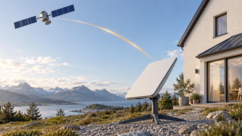 An ivory satellite Internet terminal stands beside a house with a conceptual satellite above it.