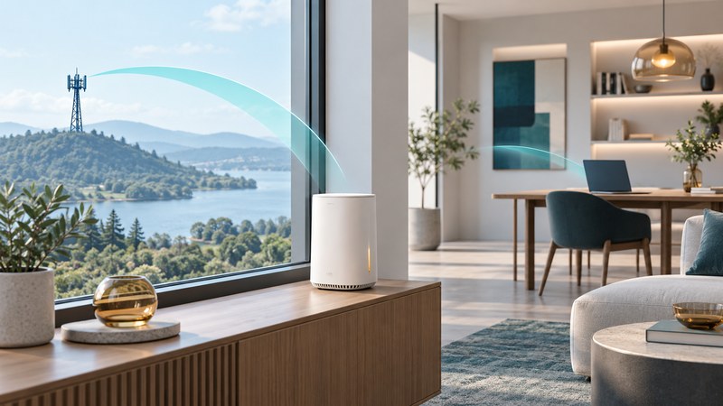 A cellular Internet gateway sits near a window with a distant tower and an indoor laptop.