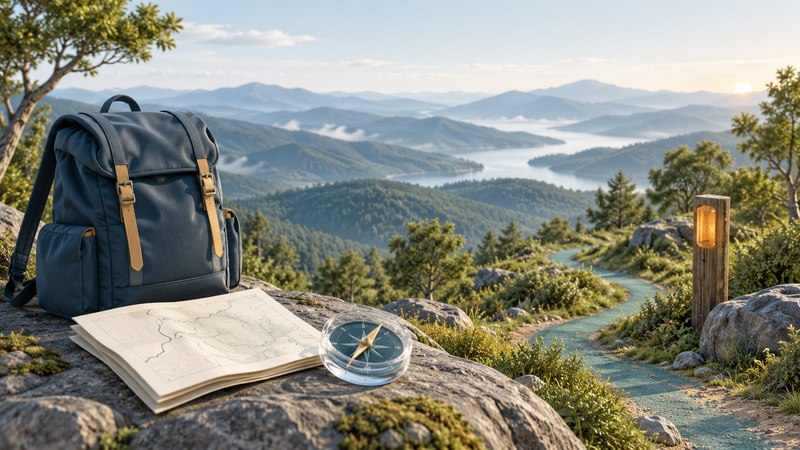 A navy daypack, folded map and glass compass overlook a conceptual wooded mountain trail.