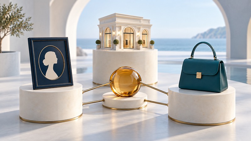 A profile medallion, handbag, and shop connect around an amber center.