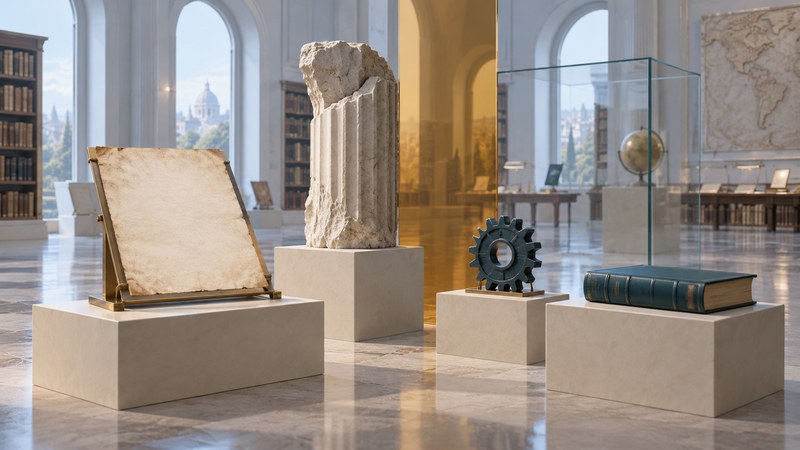 A calm museum display brings together a parchment, stone fragment, gear and closed book on ivory and glass platforms.