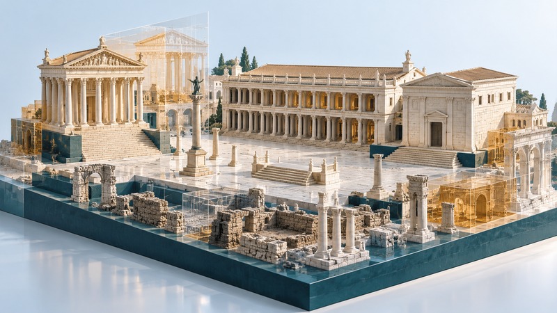 Roman civic buildings and layered ruins share a museum plinth with transparent architectural overlays.