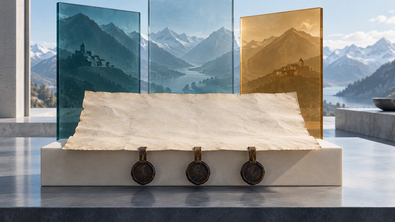 A blank parchment with three generic seals rests before glass panels depicting an Alpine landscape.
