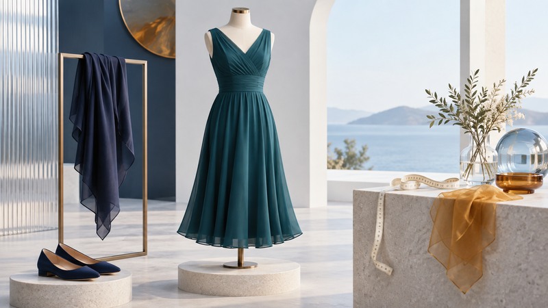 A teal midi dress on an ivory dress form stands beside a navy wrap, flat shoes and a measuring tape.