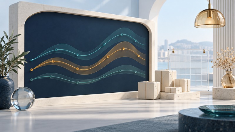 Three teal and amber paths cross a navy planning board beside a glass calendar and ivory gift parcels.