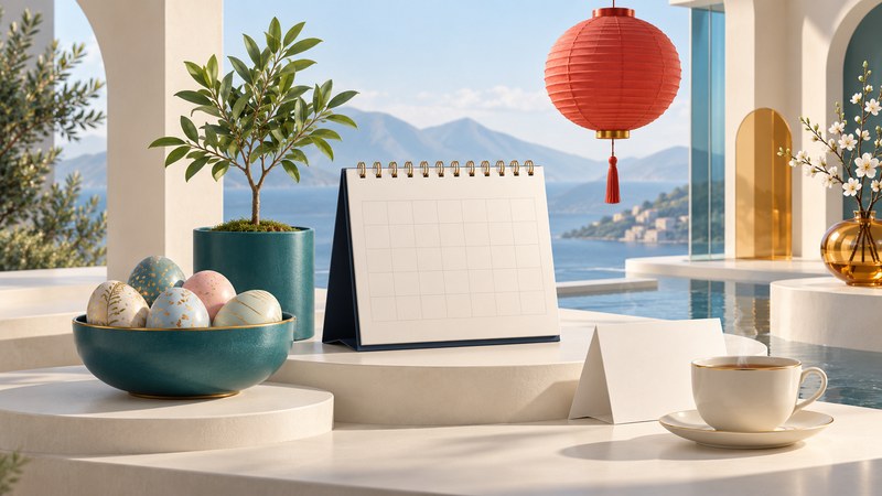 A blank calendar, potted tree, colored eggs, red lantern, tea, and a folded card on ivory platforms.