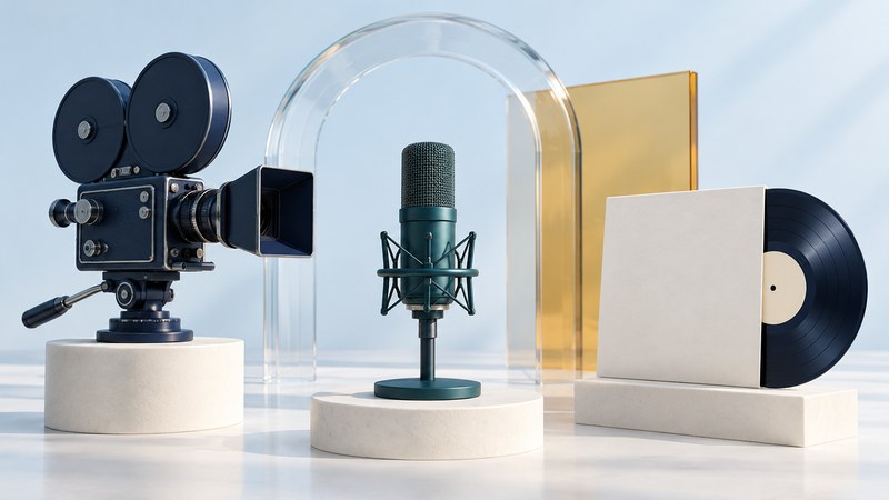 A navy cinema camera, teal studio microphone, and record in an ivory sleeve on separate platforms beneath a glass arch.
