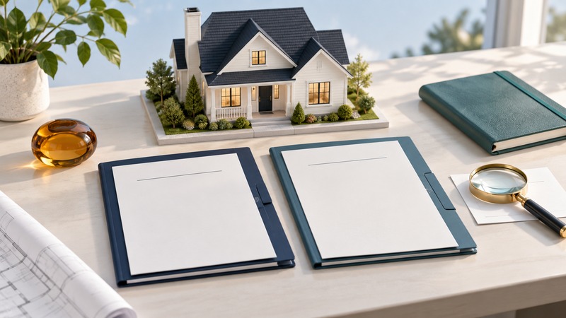 An ivory house model stands behind two blank proposal folders, a teal notebook, and a magnifying glass.