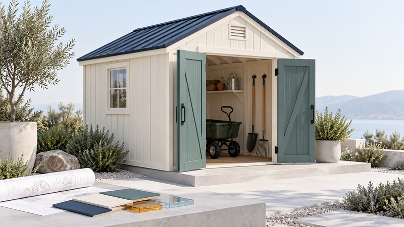 An ivory storage shed with teal double doors holds a garden cart and tools, with plans and material samples in front.