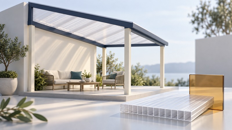 An architectural porch model with a translucent roof stands behind a cellular panel sample and an amber glass swatch.
