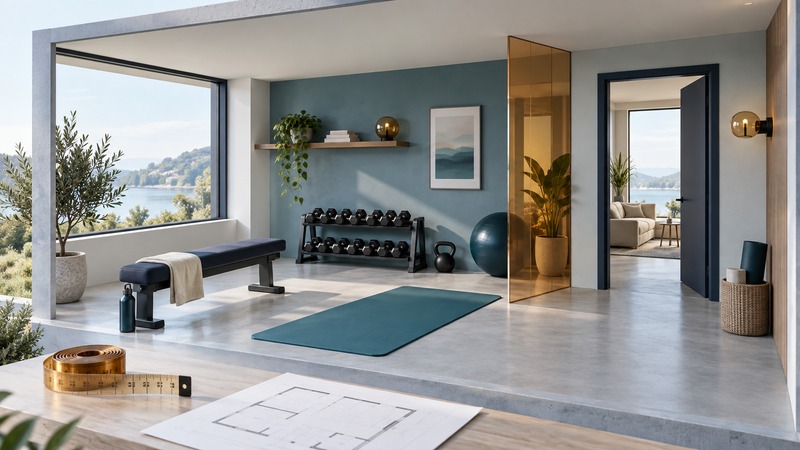 A home exercise room contains a bench, low dumbbell rack and teal mat, with a floor plan in front.