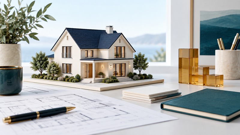 An ivory house model beside blank planning cards, a teal notebook, and amber blocks of different heights.