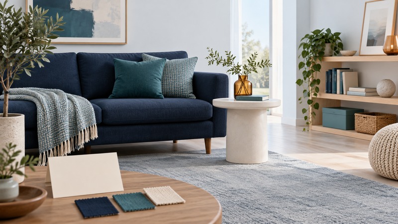 A navy sofa, teal cushions, a side table and grouped shelf objects form a room refresh, with fabric swatches in front.