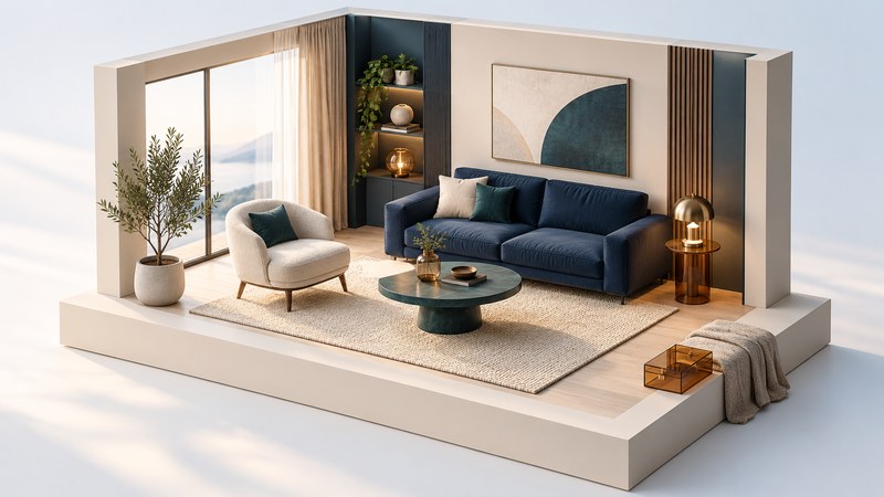 An open-front miniature living room with a navy sofa, ivory chair, clear walking space and soft daylight.