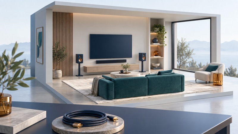 A cutaway living room with a dark television, speakers, teal sofa, and a separate cable displayed in the foreground.
