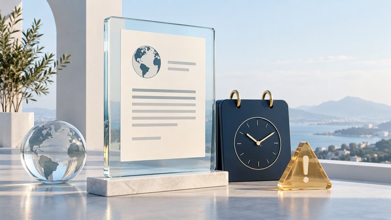 An ivory advisory notice in a glass panel beside a navy calendar and a restrained amber attention marker.