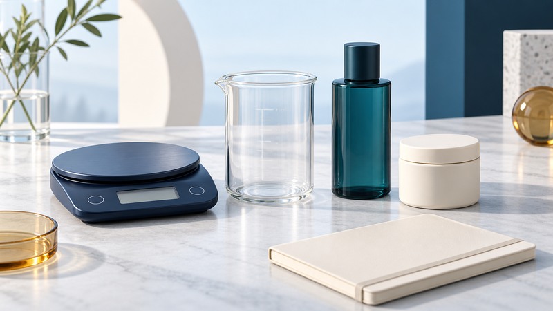 A scale, clean glass beaker, closed cosmetic containers and a blank notebook on an ivory work surface.