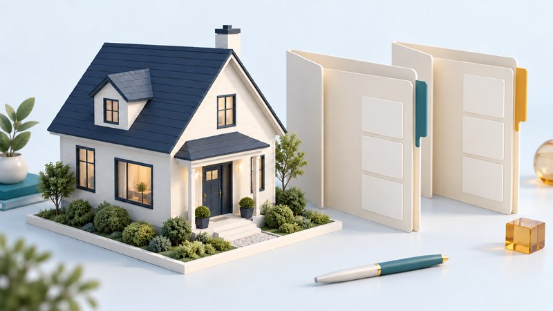 Ivory house with a navy roof beside two blank policy folders with teal and amber tabs.