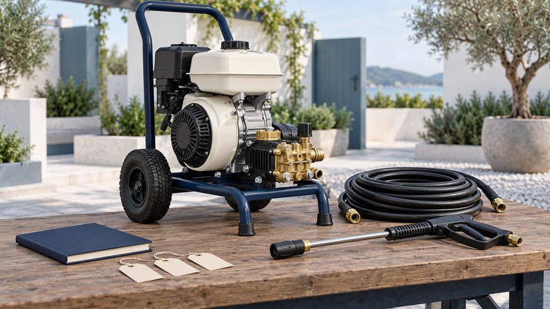 An idle gasoline pressure washer with a separate visible pump, disconnected hose and lance, blank tags and a service notebook.