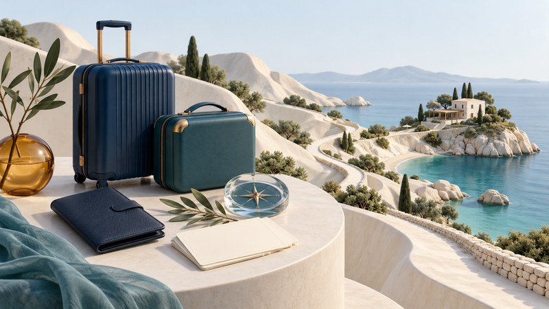 Navy and teal suitcases beside a blank itinerary, plain travel wallet and a miniature coastal inn.