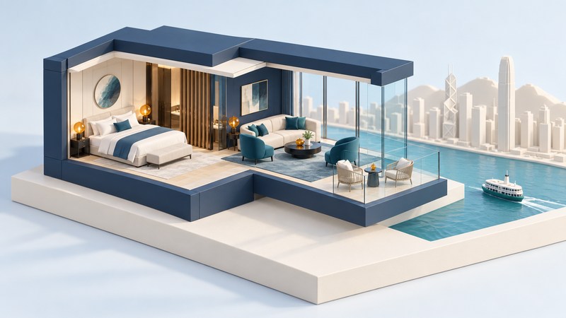 Conceptual harbour-facing suite model with a bedroom, sitting area, terrace and miniature ferry.