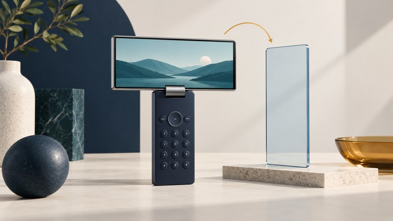 Conceptual phone with a landscape display above an upright keypad and a glass portrait panel beside it.
