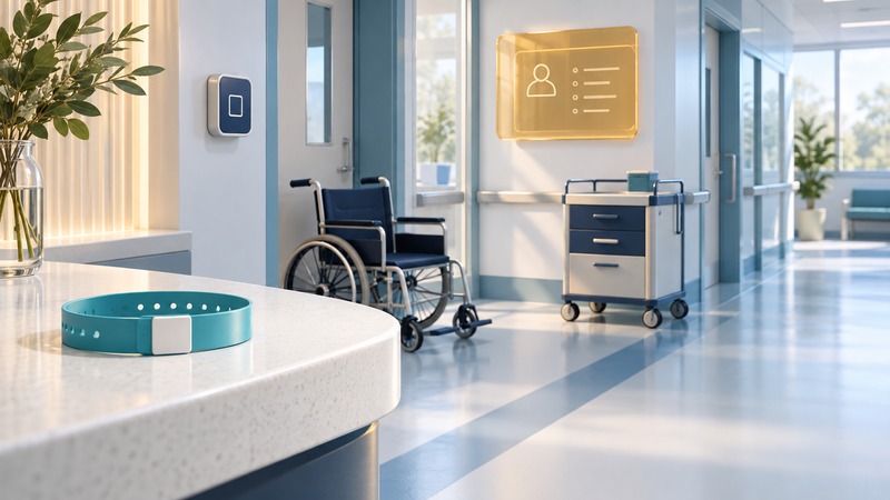 A sample teal wristband on a counter beside an empty wheelchair and equipment cart in a hospital corridor.