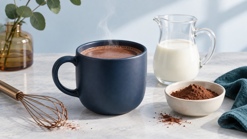 A navy mug of hot cocoa beside a milk pitcher, cocoa powder and a whisk.