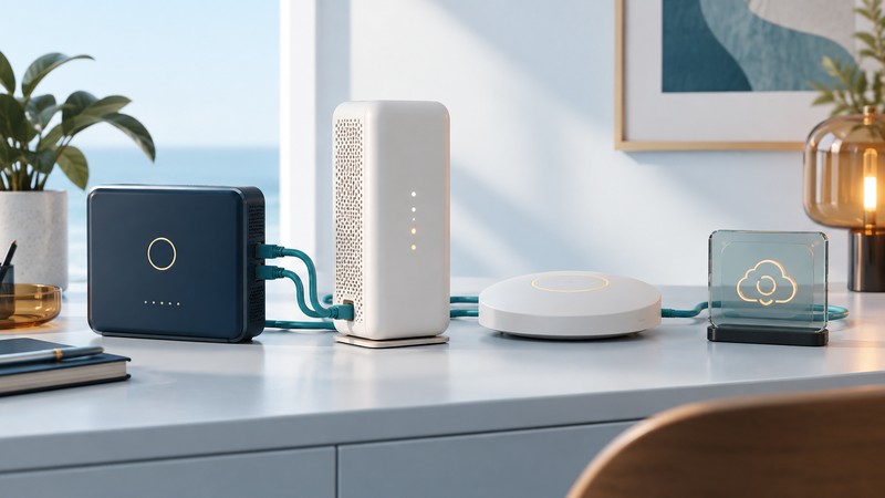 A compact gateway, upright modem and access point stand beside a glass cloud tile and Ethernet connections.