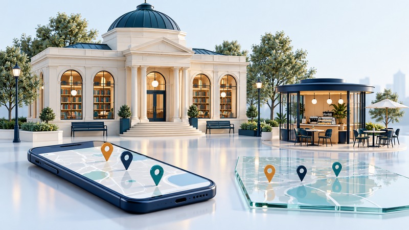 A miniature library and cafe stand behind a phone and glass map with location pins.