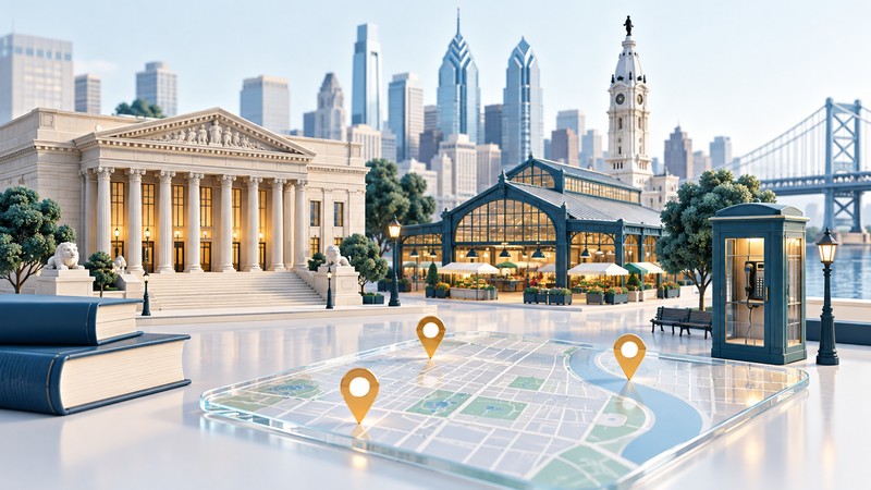 An imagined Philadelphia city scene combines a library, market hall and translucent map with amber location pins.