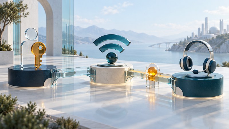 An identity key, wireless access symbol and support headset stand on three linked plinths with glass paths.