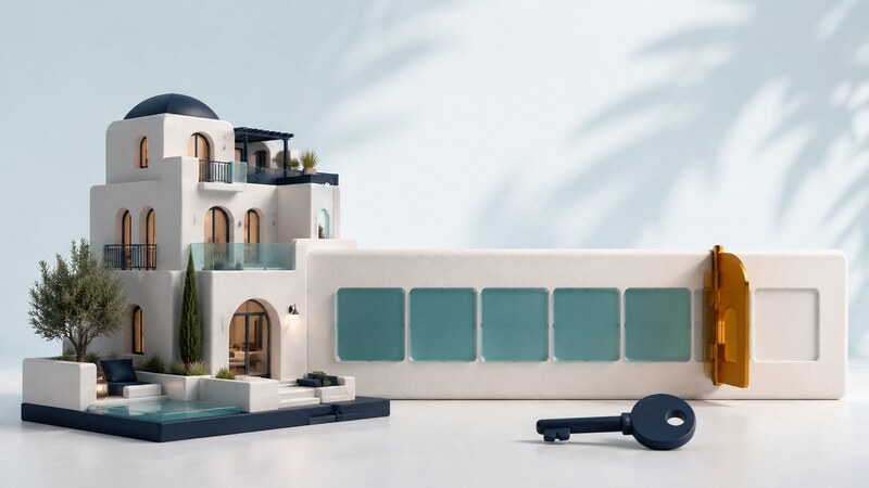 A miniature hotel stands beside a calendar grid with teal reserved tiles and an amber gate.