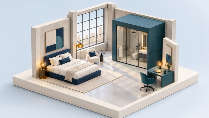 Conceptual industrial loft hotel room model with a tall window, ivory bed and separate desk.