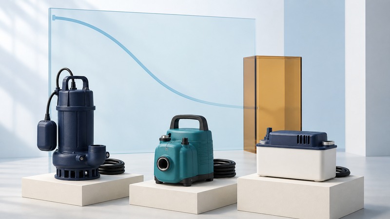 Three domestic pump concepts stand on ivory plinths beside a glass panel with a descending curve.