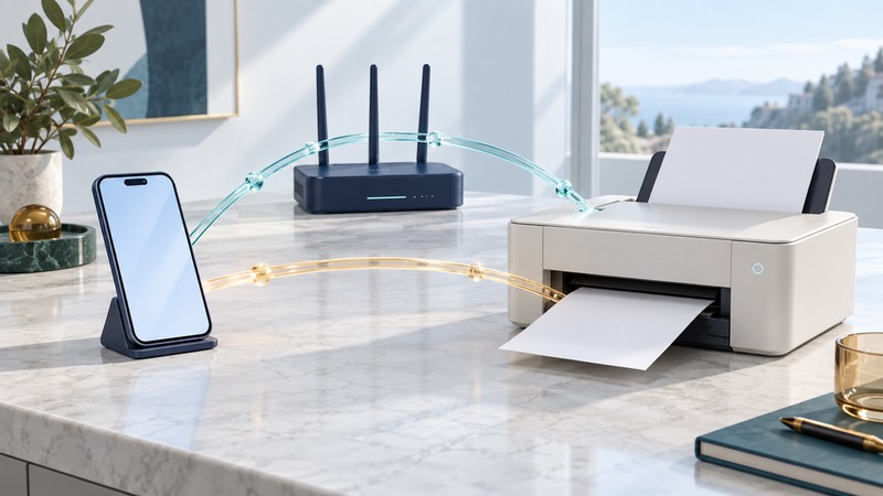 A phone faces an ivory printer beside a navy router, joined by conceptual glass communication paths.