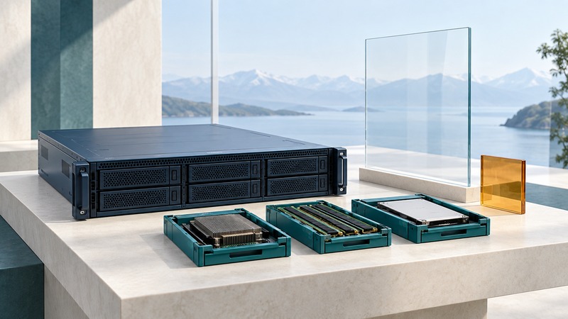 A navy rack server and three component trays sit beside an unmarked glass specification panel.