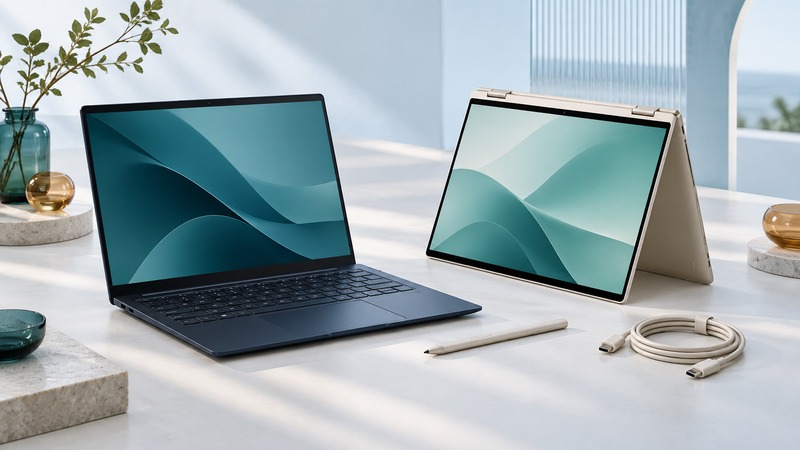 A slim laptop and a separate tent-mode convertible stand beside a stylus and USB-C cable.