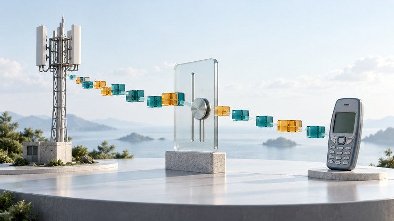 A cellular tower and phone connected by glass packet blocks passing a control gate.