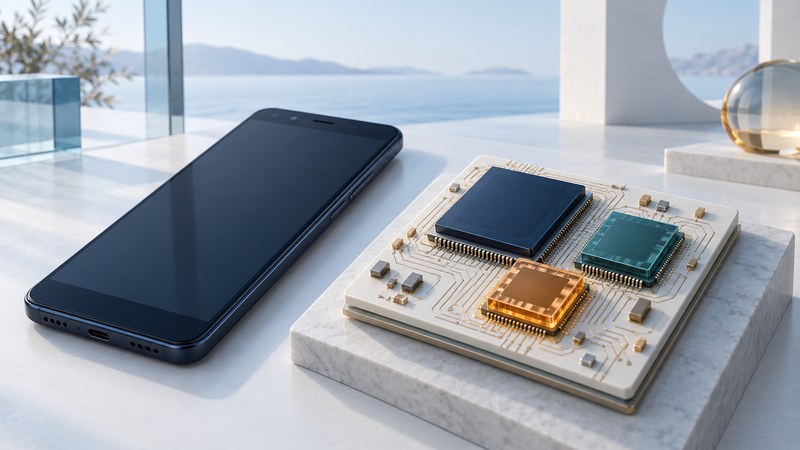 A classic navy smartphone beside a conceptual enlarged circuit board with navy, teal, and amber processor blocks.