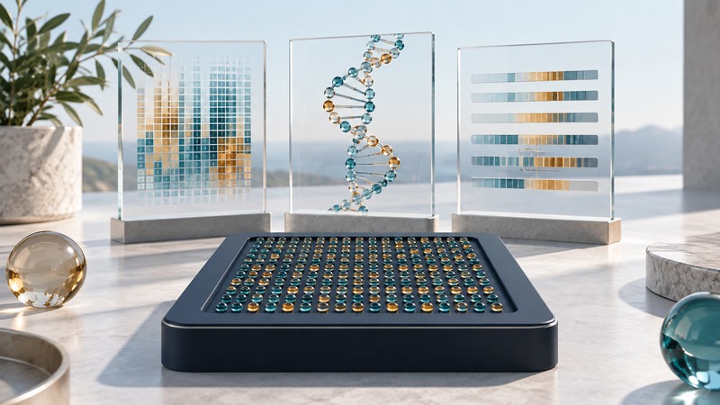 A microarray cartridge with teal and amber spots in front of three distinct glass data panels.
