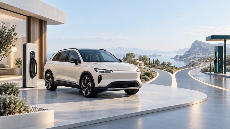 Ivory plug-in hybrid between separate charging and fuel stations on an abstract road model.