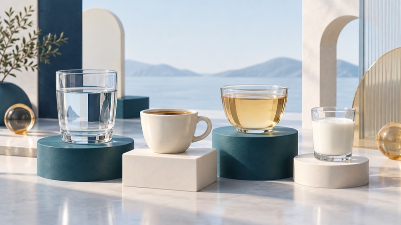 Water, coffee, tea and milk are arranged on ivory and teal platforms.