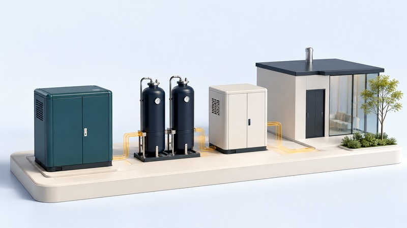 A teal production cabinet, secured navy gas vessels and an ivory power cabinet stand beside a small building.