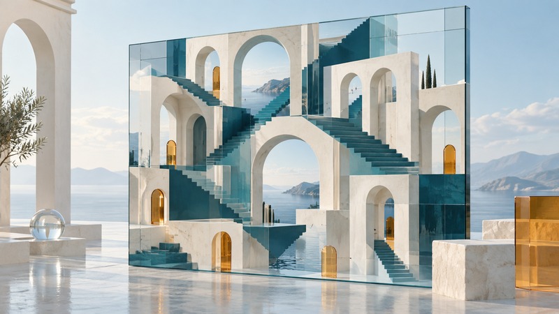 A freestanding picture panel contains invented repeating ivory arcades and teal stairways with glass layers.