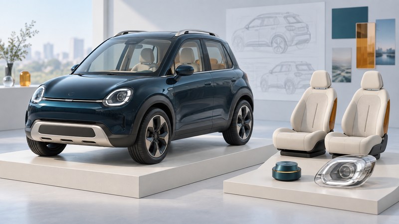Conceptual crossover model beside two ivory seats, a rotary control and a headlamp lens on a design-studio display.